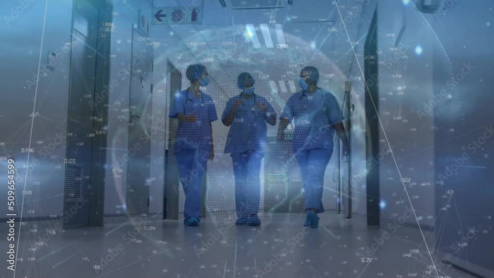 Animation of digital data interface over three diverse doctors Animation of digital data interface over three diverse doctors