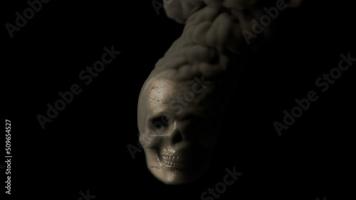 Grey smoking human skull on black background - war concept, isolated - object 3D illustration
