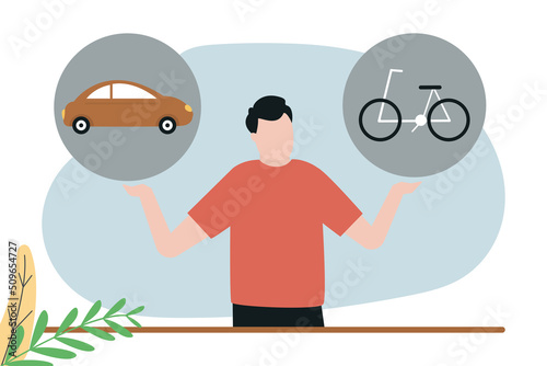 Man choose between not environmentally friendly car or eco-friendly bicycle. Air pollution toxic smog. Dangerous ejection into atmosphere