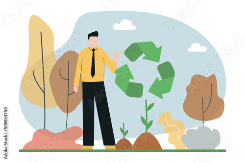 Forest restoration and planting new trees. Volunteer man with ecological and reuse sign. Guy care of green plant. Save nature and environment protection