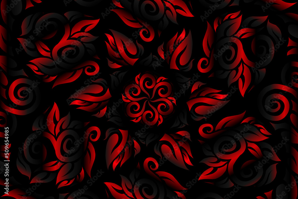 Colourful red caleidoscope gradient flower  art pattern of indonesian culture traditional tenun batik ethnic dayak ornament for wallpaper ads background 