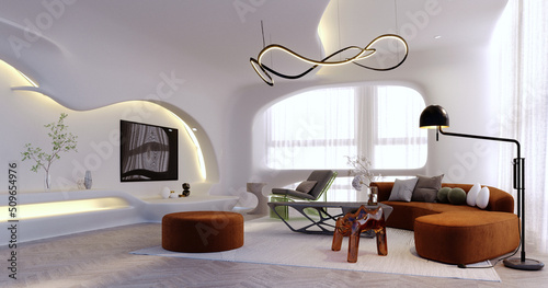 3d rendering,3d illustration, Interior Scene and  Mockup,Modern style white curved living room.