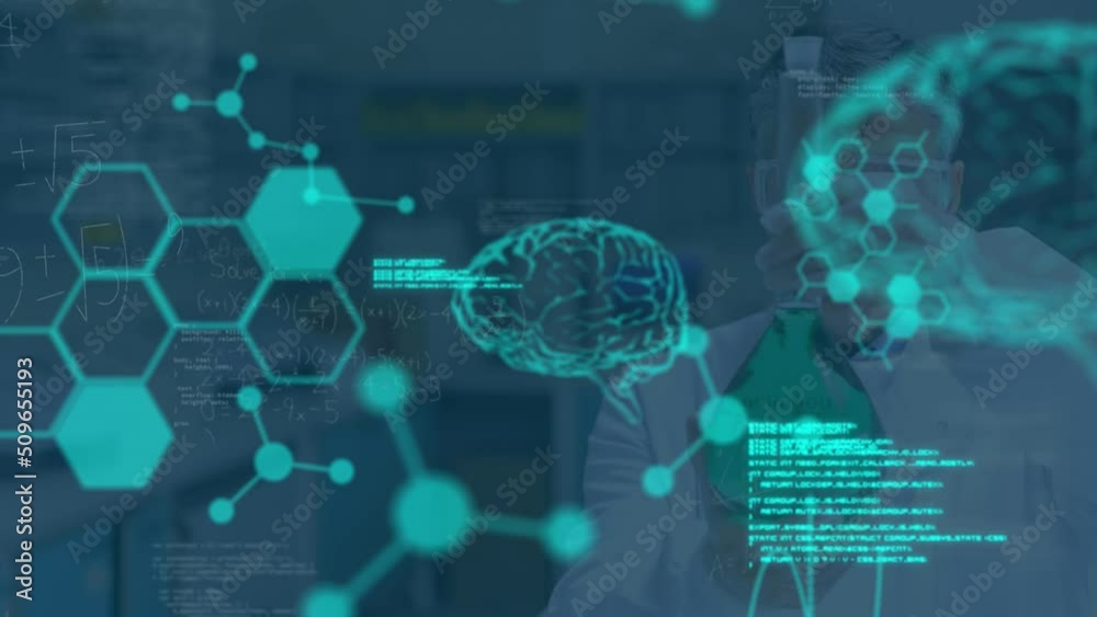 Animation of science data processing over caucasian male scientist in laboratory