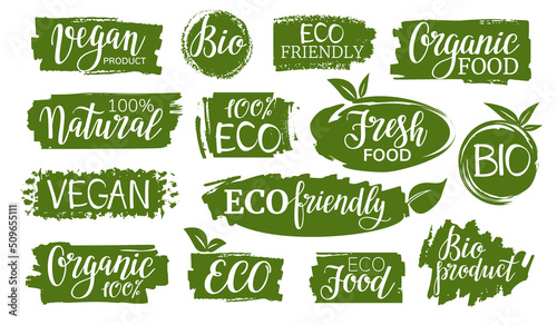 Eco product, organic, natural, bio food green icons. Green labels collection for food market, organic productions promotion.