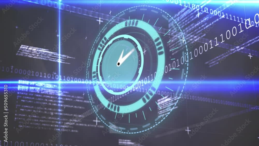 Animation of clock over data processing on dark background Animation of clock over data processing on dark background