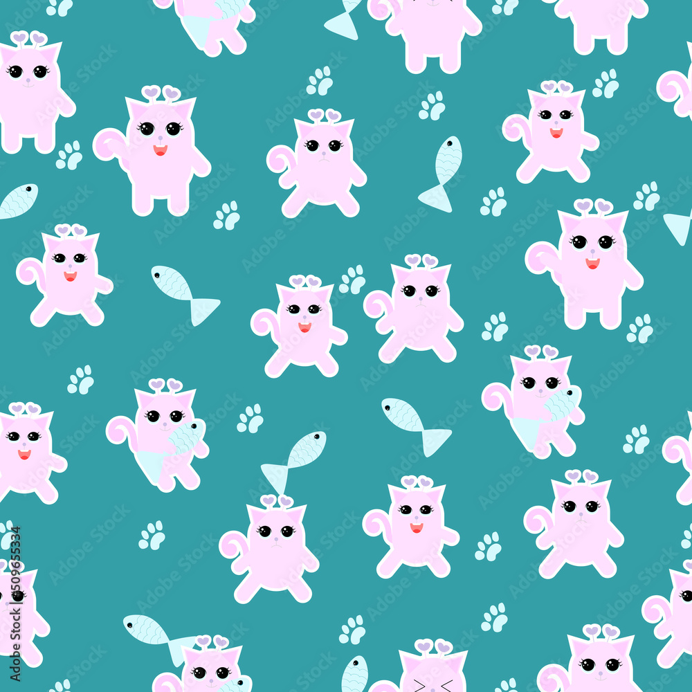 Cute Cartoon Cat Vector Icons, Seamless Pattern And Background