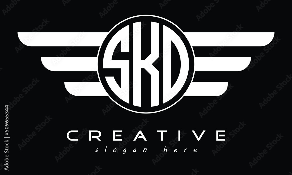 SKO three letter initial letter logo in circle with wings vector template. - obrazy, fototapety, plakaty 