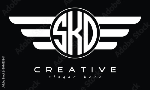 SKO three letter initial letter logo in circle with wings vector template.