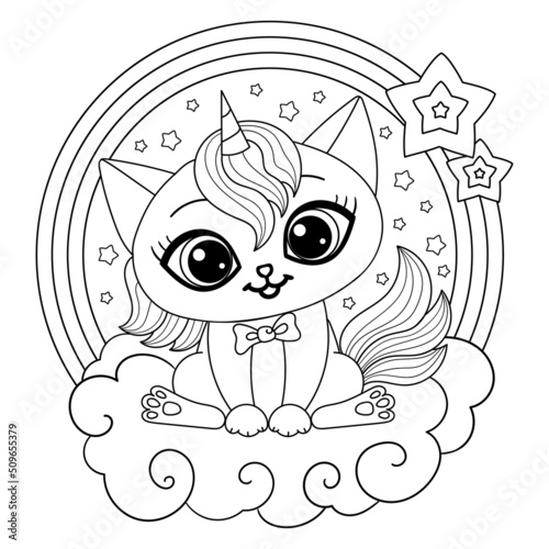 Fototapeta Naklejka Na Ścianę i Meble -  Cute unicorn cat on a cloud with a rainbow and stars. Hand drawn. Black and white line drawing. For children's design of coloring books, prints, toasters, postcards, stickers, tattoos and so on. Vecto