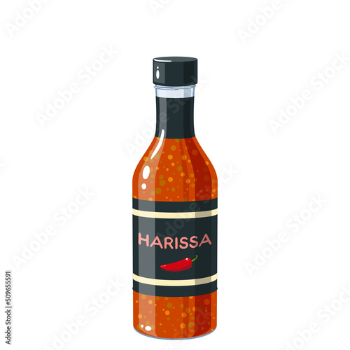 Harissa sauce bottle. Vector illustration cartoon icon isolated on white background.
