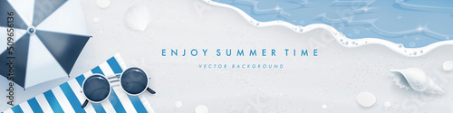 Beautiful horizontal banner design template with realistic summer elements on a beach background. Retro style. Vector illustration