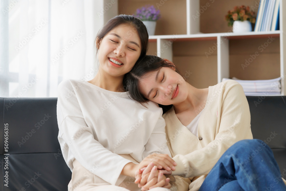 Asian lesbian couple, LGBTQ. Happy Two young Asia women showing love and romance together at home. Positive mood and moment of LGBT lesbian. Asian lesbian couple, LGBTQ. Happy Two young Asia women showing love and romance together at home. Positive mood and moment of LGBT lesbian.