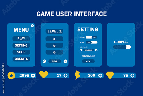 Mobile game graphical user Interface GUI. Design, buttons and icons. Vector illustration,  GUI Game users interface design with blue and yellow color theme, Menu, Play game, Setting and loading page. 