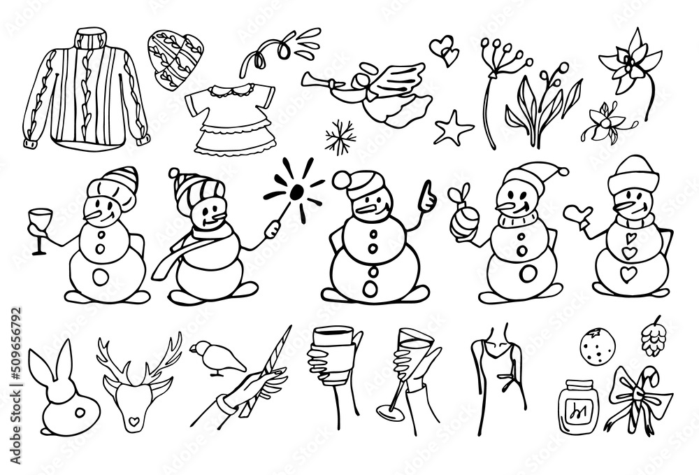 Christmas set of elements in doodle style. The collection includes funny snowmen, Christmas flowers, a knitted hat and sweater, a baby dress, a magic wand, a female figure, a jar, a glass of champagne