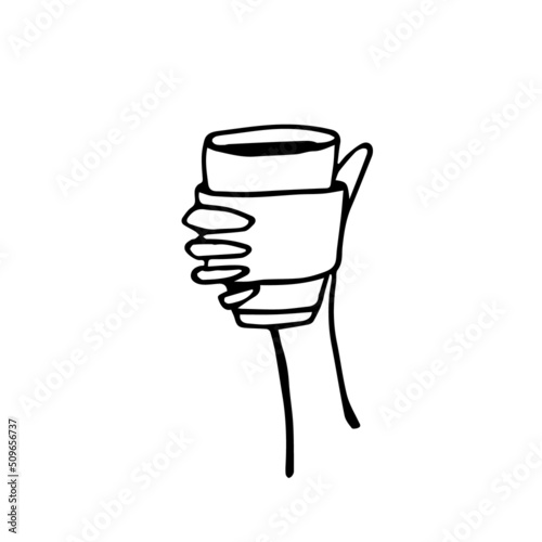 Holding a paper cup with coffee. A glass of hot is held by a man's hand