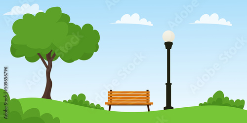 park background with trees, bushes and benches.