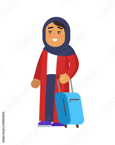 Muslim woman holding luggage and having calm smiling expression on face, lady wearing long clothes exited to travel, isolated on vector illustration