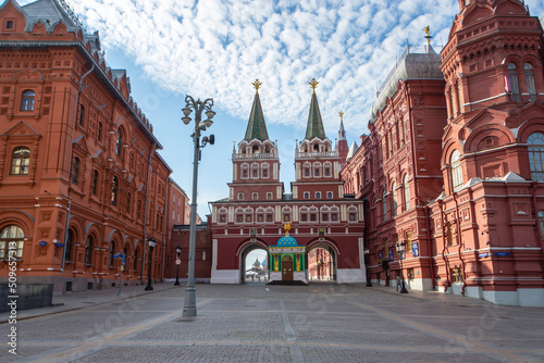 Resurrection Gate on Red Square in Moscow in the early morning, Russia