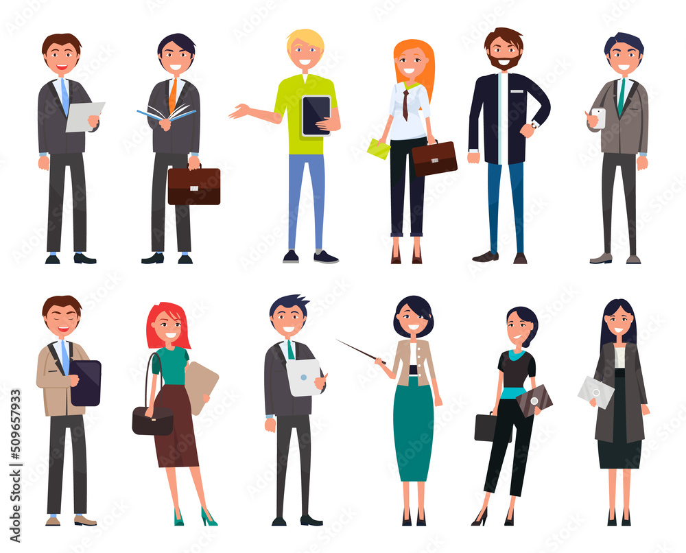 Businesspeople in elegant expensive suits, successful men and women with briefcases isolated. Set business people cartoon characters dressed formally, Businesspeople in elegant expensive suits, successful men and women with briefcases isolated. Set business people cartoon characters dressed formally,
