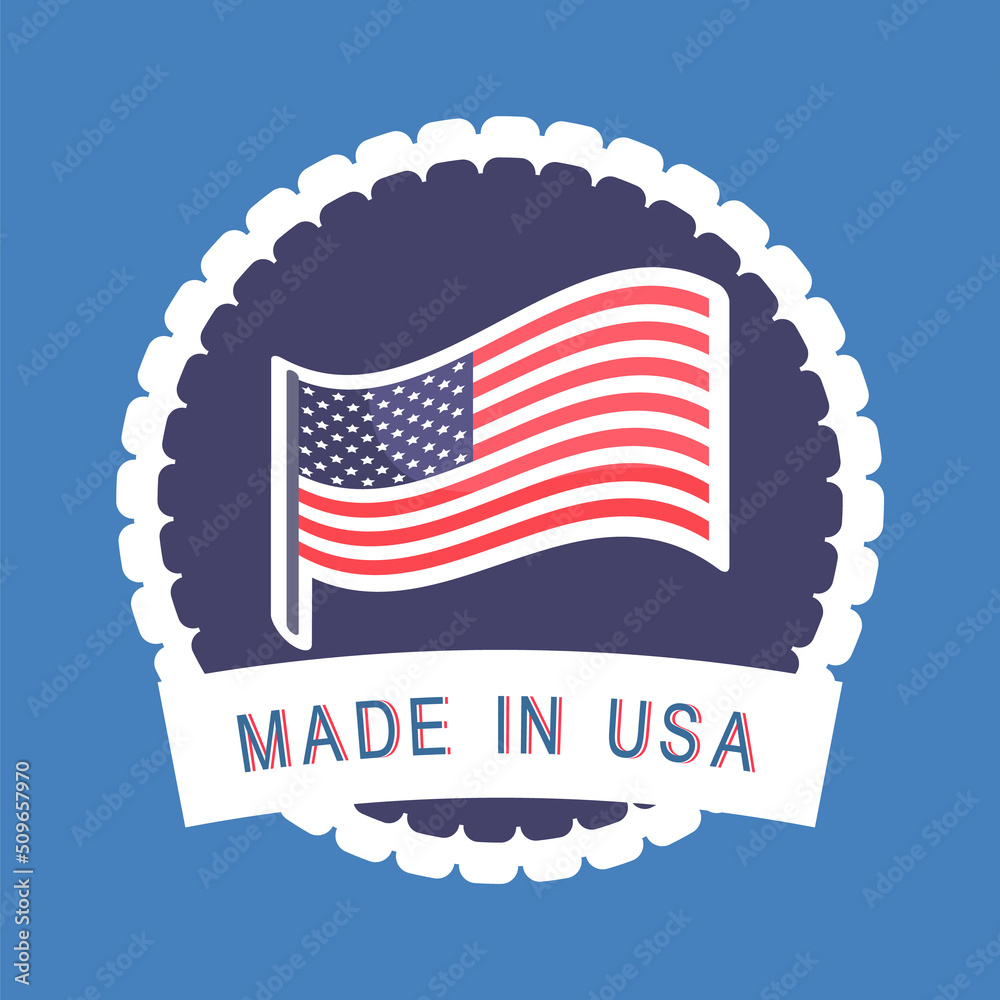 Produced in America circle shape label vector illustration isolated on blue. Made in USA sticker with American flag in round stamp, patriotic symbol Produced in America circle shape label vector illustration isolated on blue. Made in USA sticker with American flag in round stamp, patriotic symbol
