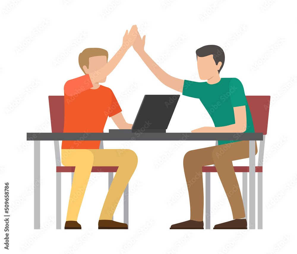 Successful team working together using laptop and men giving high-five success pleasant achievements in business field isolated on vector illustration Successful team working together using laptop and men giving high-five success pleasant achievements in business field isolated on vector illustration