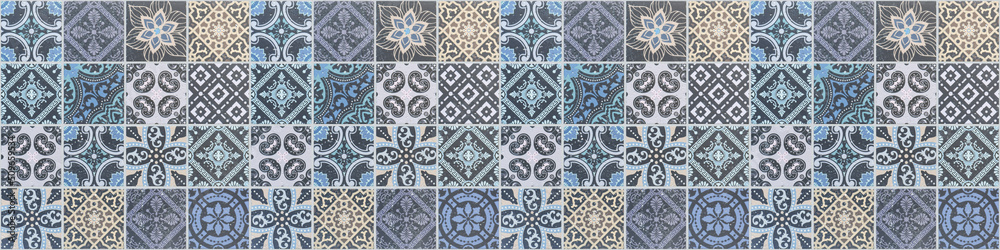 Old blue beige vintage worn geometric shabby mosaic ornate patchwork motif porcelain stoneware tiles, square stone concrete cement tile mirror wall texture background banner panorama..
