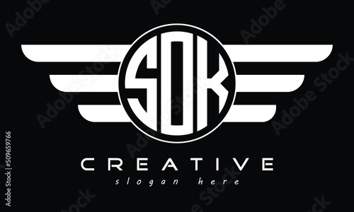 SOK three letter initial letter logo in circle with wings vector template.