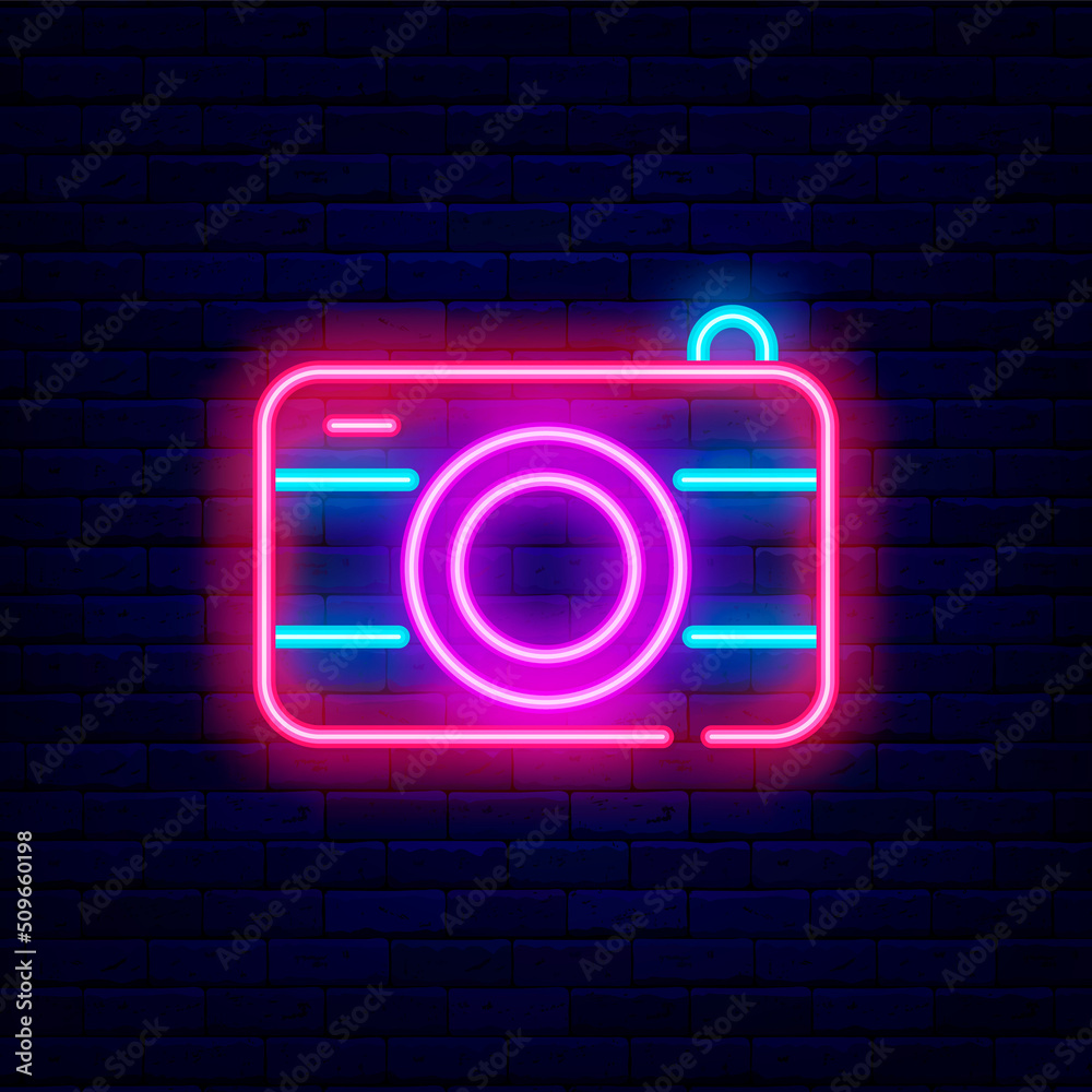 Photo camera neon icon. Electronics store signboard. Shiny effect banner. Vector stock illustration Photo camera neon icon. Electronics store signboard. Shiny effect banner. Vector stock illustration