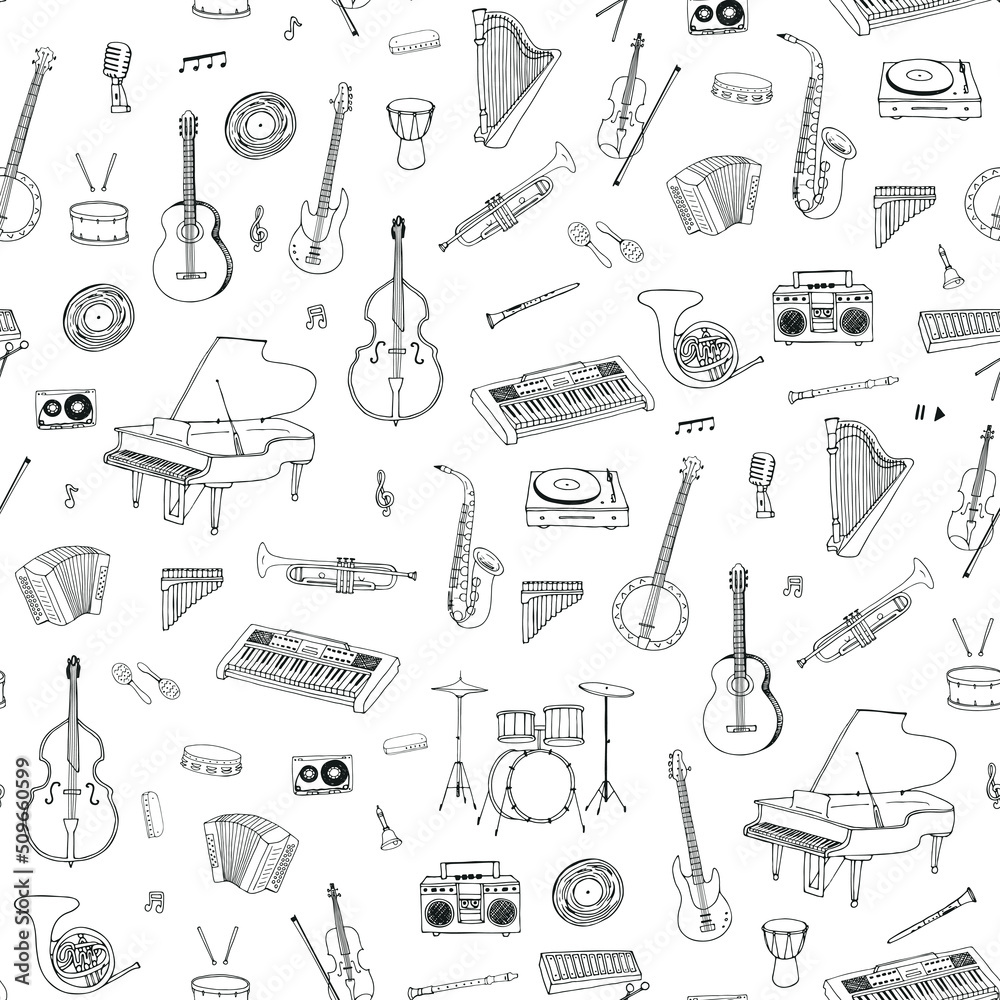 Musical instruments vector seamless pattern