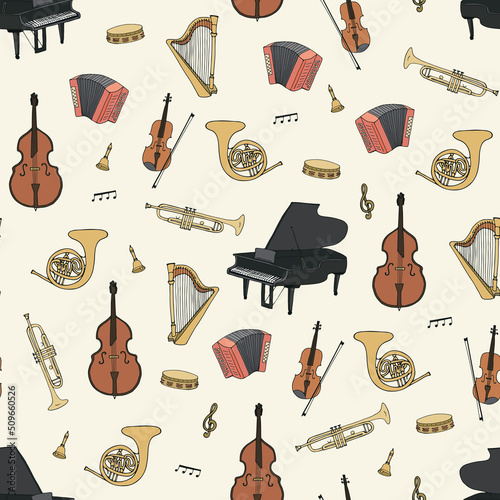 Musical instruments vector seamless pattern