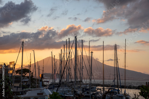 View of Vesuvius at dawn  from the island of Megaride in Naples