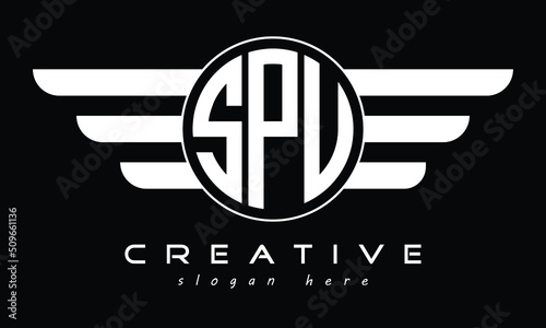 SPU three letter initial letter logo in circle with wings vector template.