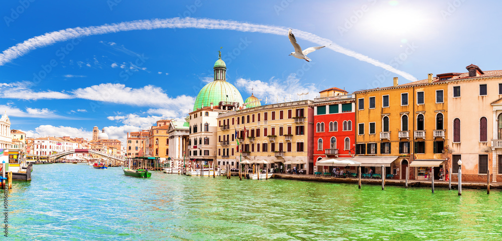 Grand Canal panorama near the Scalzi Bridge and San Simeone Piccolo church, Venice, Italy