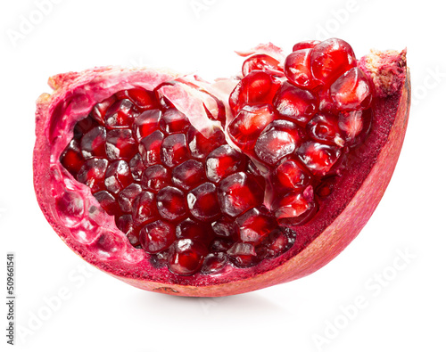 pomegranate slice with red seeds isolated on a white background with clipping path