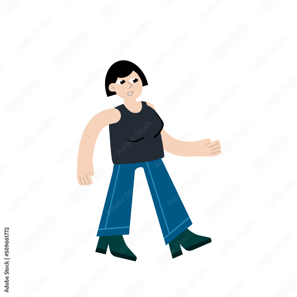 Girl in casual cloth. Modern female character. Young Woman walk. Flat cartoon illustration isolated on white Girl in casual cloth. Modern female character. Young Woman walk. Flat cartoon illustration isolated on white
