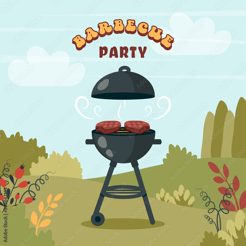 Bbq Party. Barbecue Background With Brazier, Grill, Steaks, Meat Food,  Grilled Vegetables At Home. Vector Cartoon Illustration For Banner, Holiday  Card, Summer Picnic, Flyer, Advertisement, Poster Stock Vector | Adobe Stock