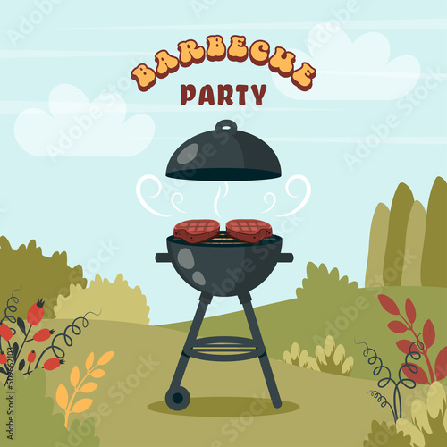 BBQ party. Barbecue background with brazier, grill, steaks, meat food, grilled vegetables at home. Vector cartoon illustration for banner, holiday card, summer picnic, flyer, advertisement, poster