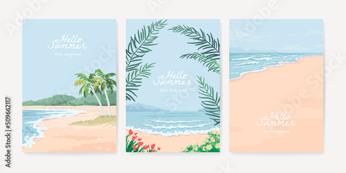 Set of nature landscape background. Hand drawn card templates with tropical sandy beach and palm trees. Vector illustration
