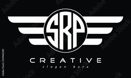 SRP three letter initial letter logo in circle with wings vector template.