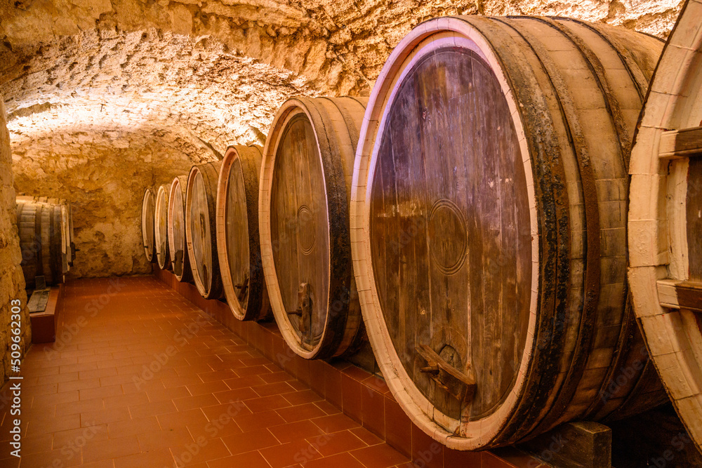 Vintage winery cellar with wine wooden barrels
