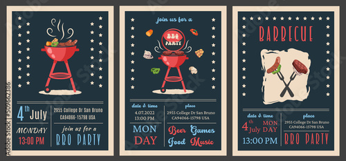 Set of BBQ invitation 4th of July. Holiday card for American independence day. Poster, banner, flyer template for barbecue party and summer picnic. Vector illustration with brazier, steaks, meat food