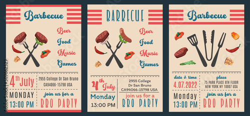 Fototapeta Naklejka Na Ścianę i Meble -  4th July bbq party. Set of BBQ invitation. Summer barbecue picnic. Bbq background with grill, steaks, meat food, vegetables, national elements for congratulation. Vector cartoon illustration
