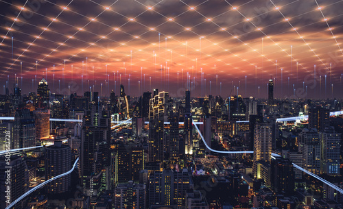 Fototapeta Naklejka Na Ścianę i Meble -  Smart city dot point connect with gradient line, connection technology metaverse concept. Bangkok, Thailand night city banner with big data.