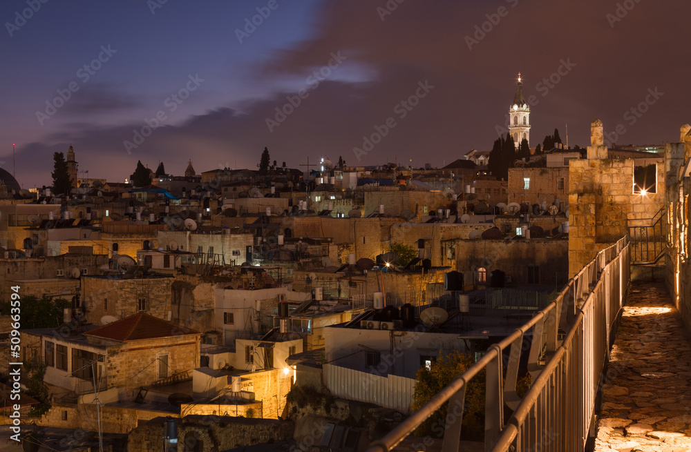 Jerusalem Old city Ramparts. Night view of ancient Jerusalem from the city wall