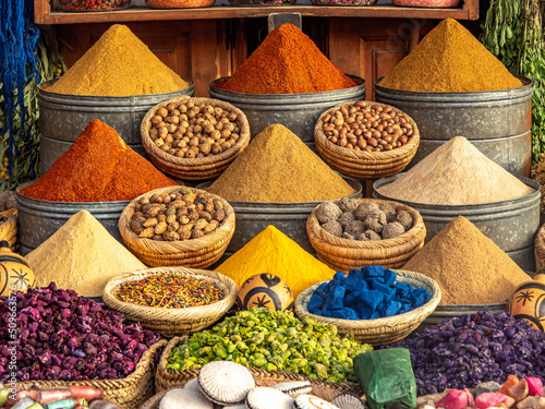 Fototapeta Naklejka Na Ścianę i Meble -  Colorful spices and dyes found at souk market in Marrakesh, Morocco.