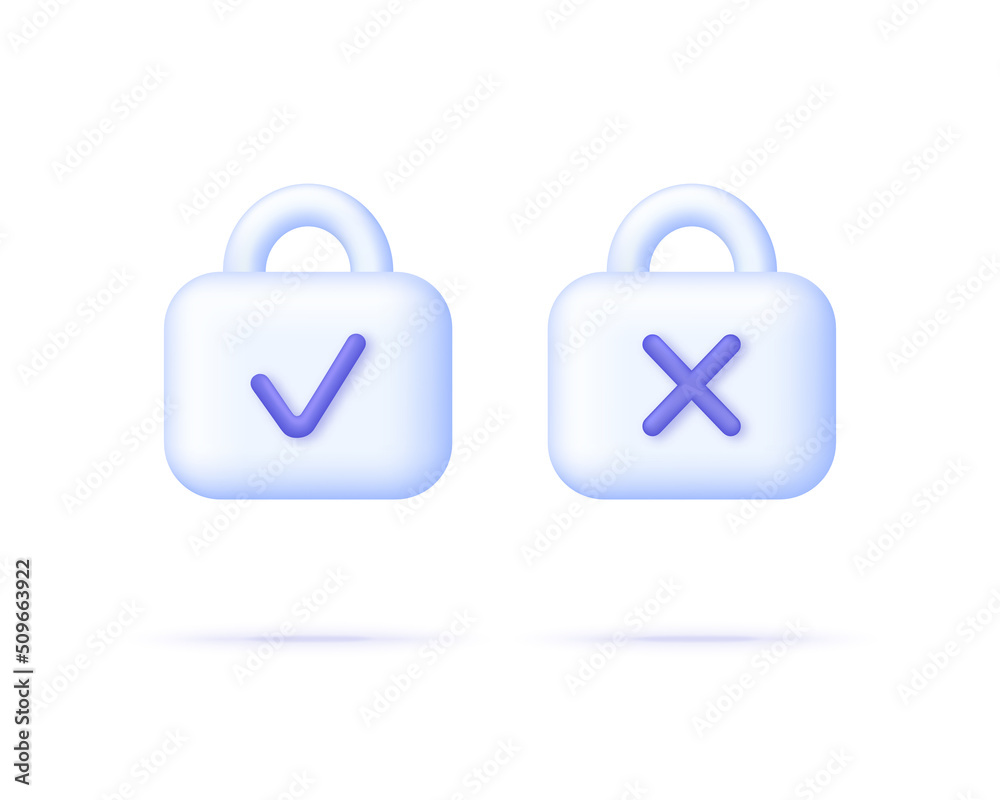 3D Lock icons set with check and cross marks isolated on white background. Cyber security. Can be used for many purposes. Trendy and modern vector in 3d style. 3D Lock icons set with check and cross marks isolated on white background. Cyber security. Can be used for many purposes. Trendy and modern vector in 3d style.