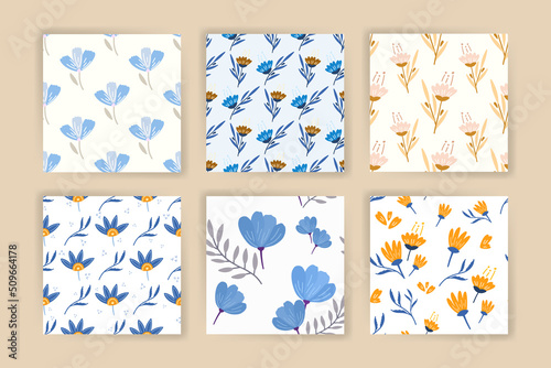 Set of seamless patterns with flowers and leaves in scandinavian style.