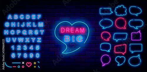 Dream big neon signboard. Make a wish. Speech bubbles collection. Shiny blue alphabet. Vector stock illustration
