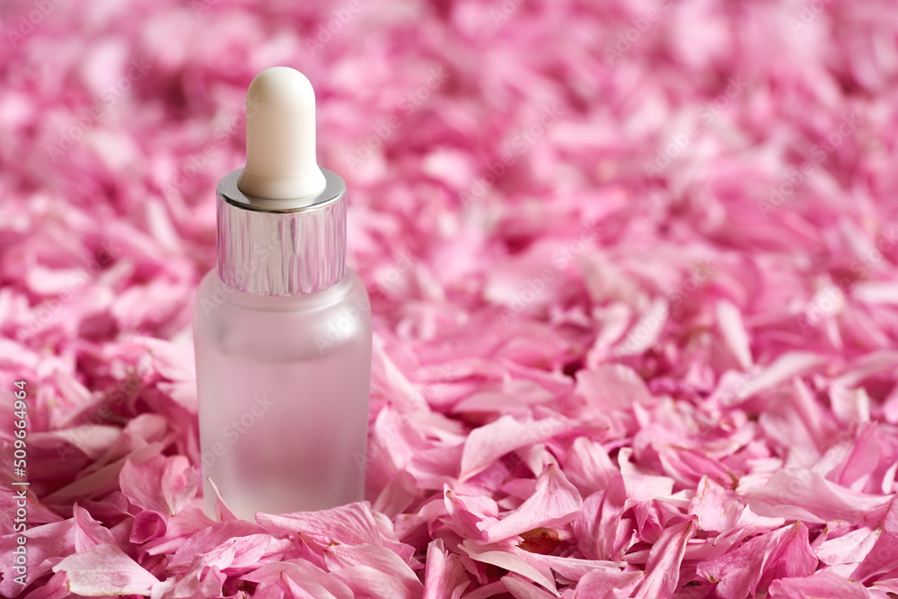 Bottle of essential oil on pink kwanzan cherry tree blossoms with copy space Bottle of essential oil on pink kwanzan cherry tree blossoms with copy space