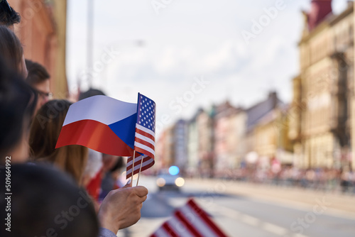 Czech and American flags at the Liberation festival in Plzen, Czechia